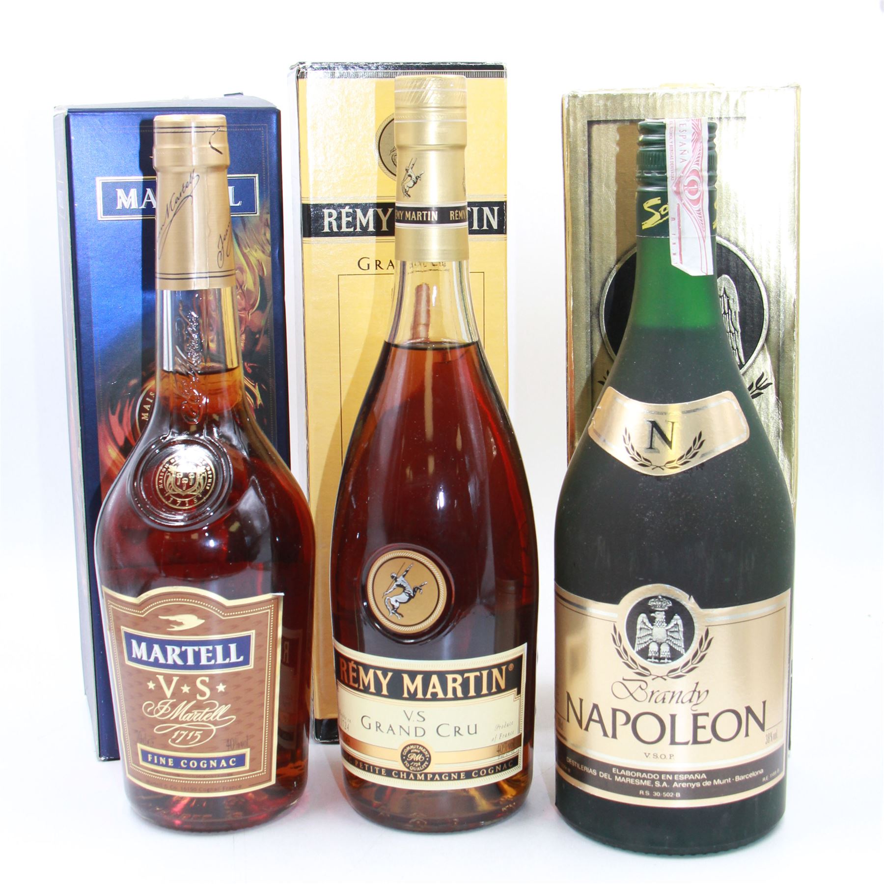 Mixed alcohol; Napoleon V.S.O.P brandy, Remy Martin V.S Grand Cru cognac and Martel VS cognac, various contents and proof (3)