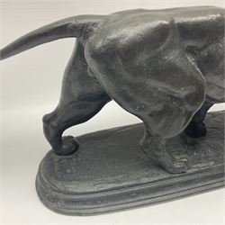 After Paul Edouard Delabrierre (French, 1829-1912), bronze, model of a lion, upon an oval base, signed E Delabrierre, overall H29.5cm, L46cm