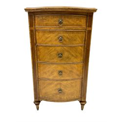 Frank Hudson - mid-20th century Mindi ash and burr walnut bow-fronted lingerie chest, crossbanded hinged top concealing vanity mirror, over five graduated cockbeaded drawers, raised on turned supports