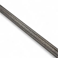 Victorian Rifle Volunteers officers sword with engraved blade, pierced hilt and wire wound grip with steel scabbard, blade length 82cm