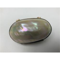 19th century lacquer thimble case with painted portrait of a woman to the hinged lid, together with two mother of pearl egg shaped thimble cases and one other