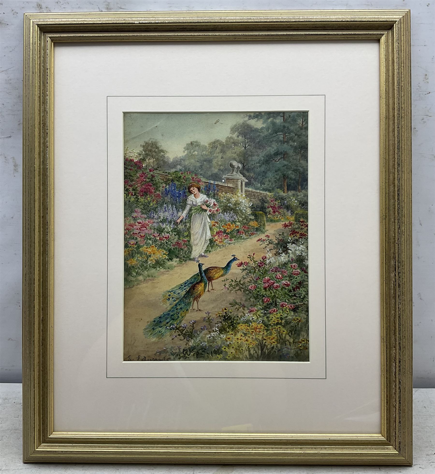 Ellen Edwards (British 19th Century): Peacocks in the Garden, watercolour signed 30cm x 22cm 