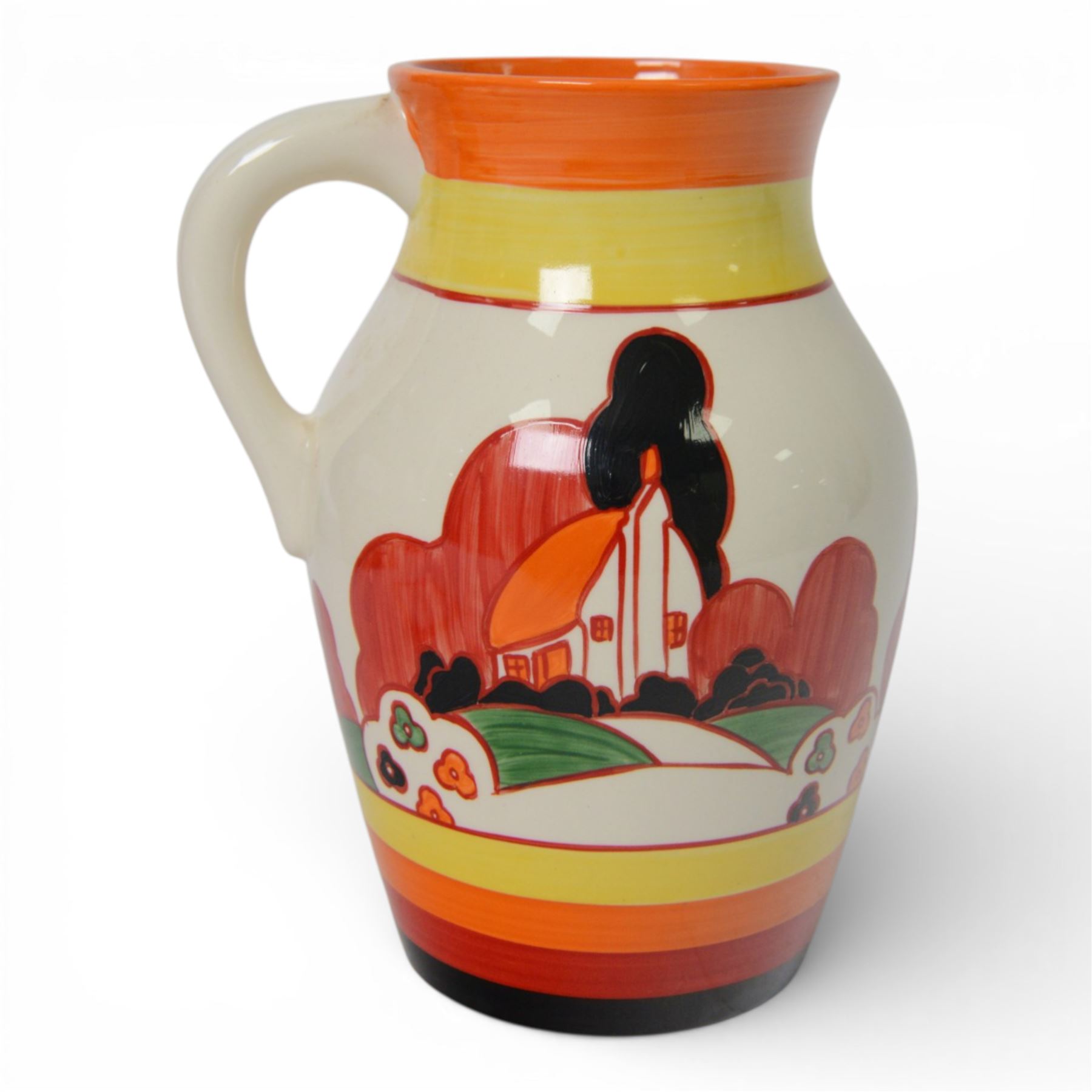 Wedgwood Bizarre by Clarice Cliff, Lotus Jug Farmhouse, hand painted based upon an original, limited edition 26/250, with certificate and box, H21cm 