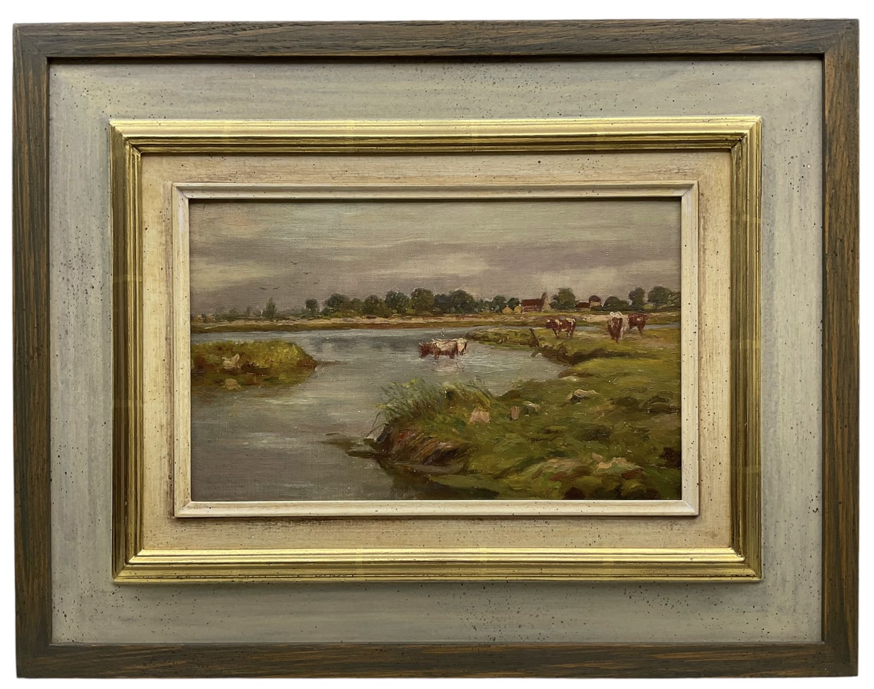 Frederick William Jackson (Staithes Group 1859-1918): Cattle Taking a Drink, oil on canvas laid on board unsigned 19cm x 31cm 
Provenance: exh. Phillips & Sons Cookham, October 1988, label verso