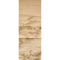 Manner of Kano Shoei Yoshinobu (Japanese 18th/19th Century): Landscape with Mountains, scroll watercolour with seal and inscription, image size 124cm x 48cm 