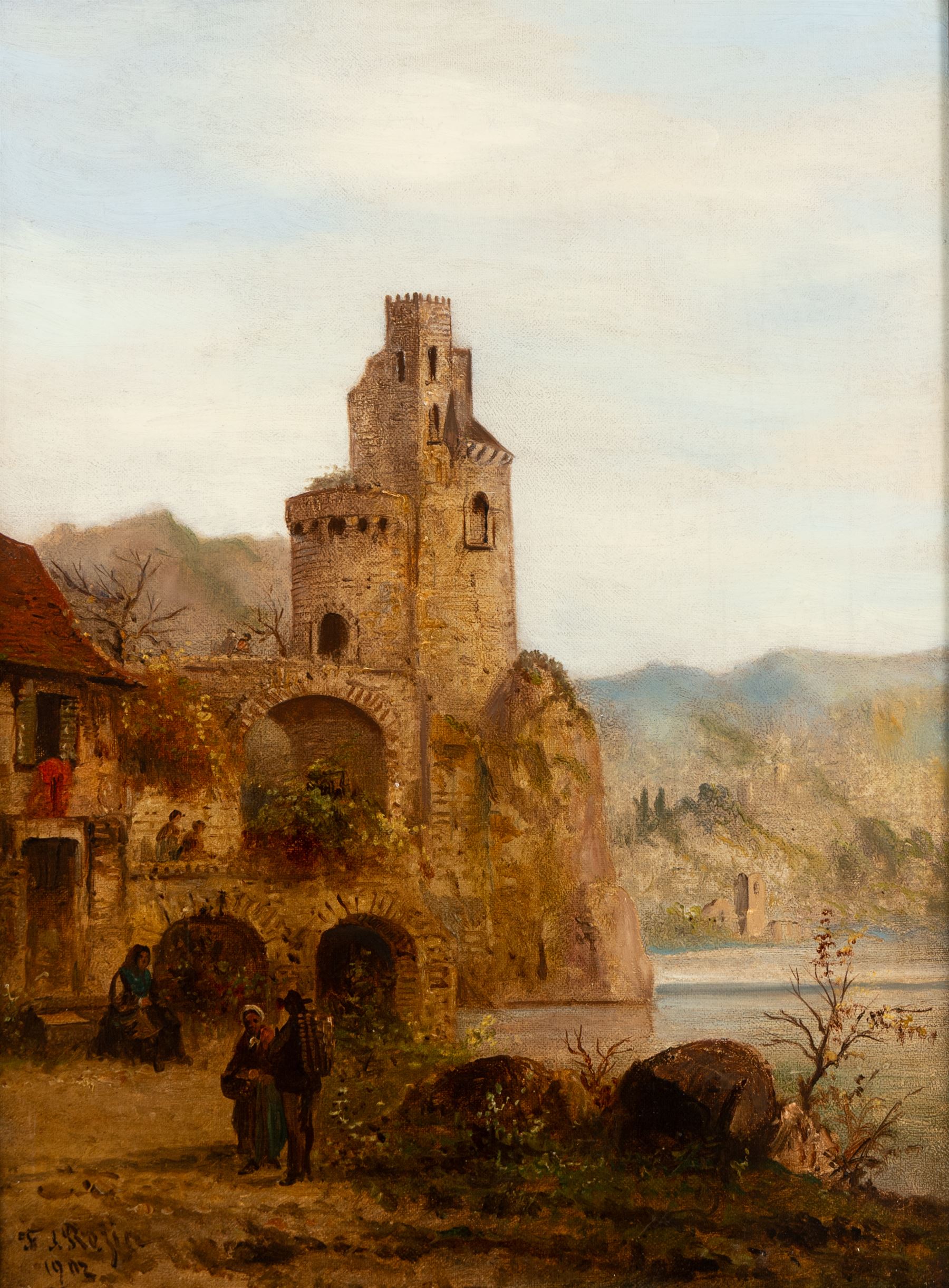 Felice Auguste Rezia (Italian 1835-1907): Stone Tower on a Lake and Church Overlooking a River - Northern Italy, pair of oils on canvas signed and dated 1902 max 40cm x 29.5cm (2)