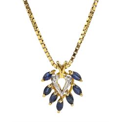 Gold marquise shaped sapphire pendant, on gold box link chain necklace, both 9ct hallmarked or stamped