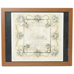 Titanic interest -  Commemorative printed remembrance handkerchief, souvenir in affectionate remembrance of the Captain, Mates, Crew and Passengers ..... SS Titanic printed by S Burgess, Strand, London 37cm x 37cm framed