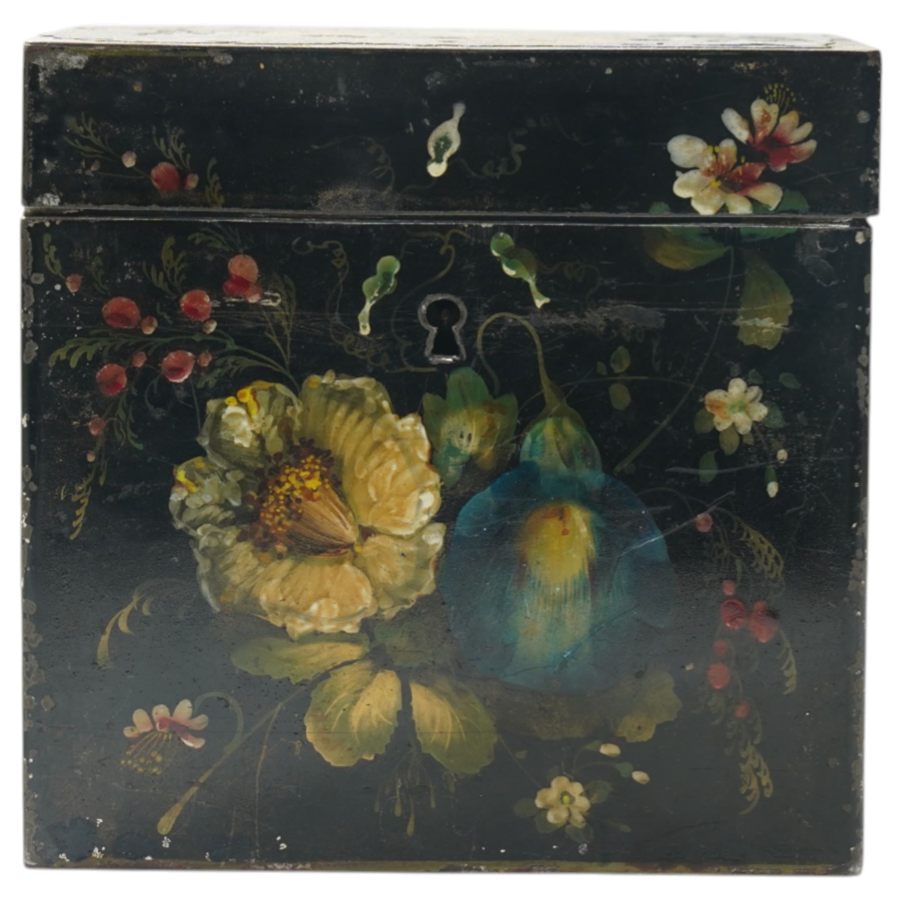 Late Regency period toleware tea caddy with painted floral decoration heightened with gilt, with two compartments, H12.5cm