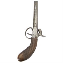 Late 19th century Belgian percussion boxlock pocket pistol, marked PM, with octagonal barrel and checkered wooden grip, L23cm
Sold as an exempt item under Section 58 (2) of the 1968 Firearms Act, to be held as a curiosity or ornament