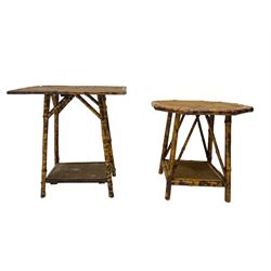 Victorian bamboo two-tier occasional table, octagonal top (W51cm H49cm); together with another similar of rectangular form and a towel rail