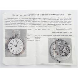18th century silver pair cased verge fusee pocket watch by Alexander Hare (London ca.1781-1824), No. 200, square baluster pillars, pierced and engraved balance cock, white enamel dial with Roman hours and outer Arabic minute ring, beetle and poker hands, case makers mark G H, London 1770, with a fabric watchpaper embroidered with map of Europe