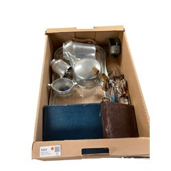 Silver pill box stamped 925, Picquot ware including tray, teapots, coffeepots, jugs and sugar bowl, together with other metalware 