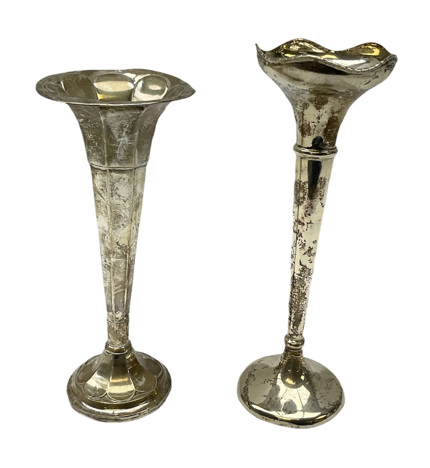 Early 20th century silver mounted specimen vase, of fluted tapering form, hallmarked Sheffield 1915, H18cm, together with a further silver mounted specimen vase, hallmarked for Birmingham, (2)