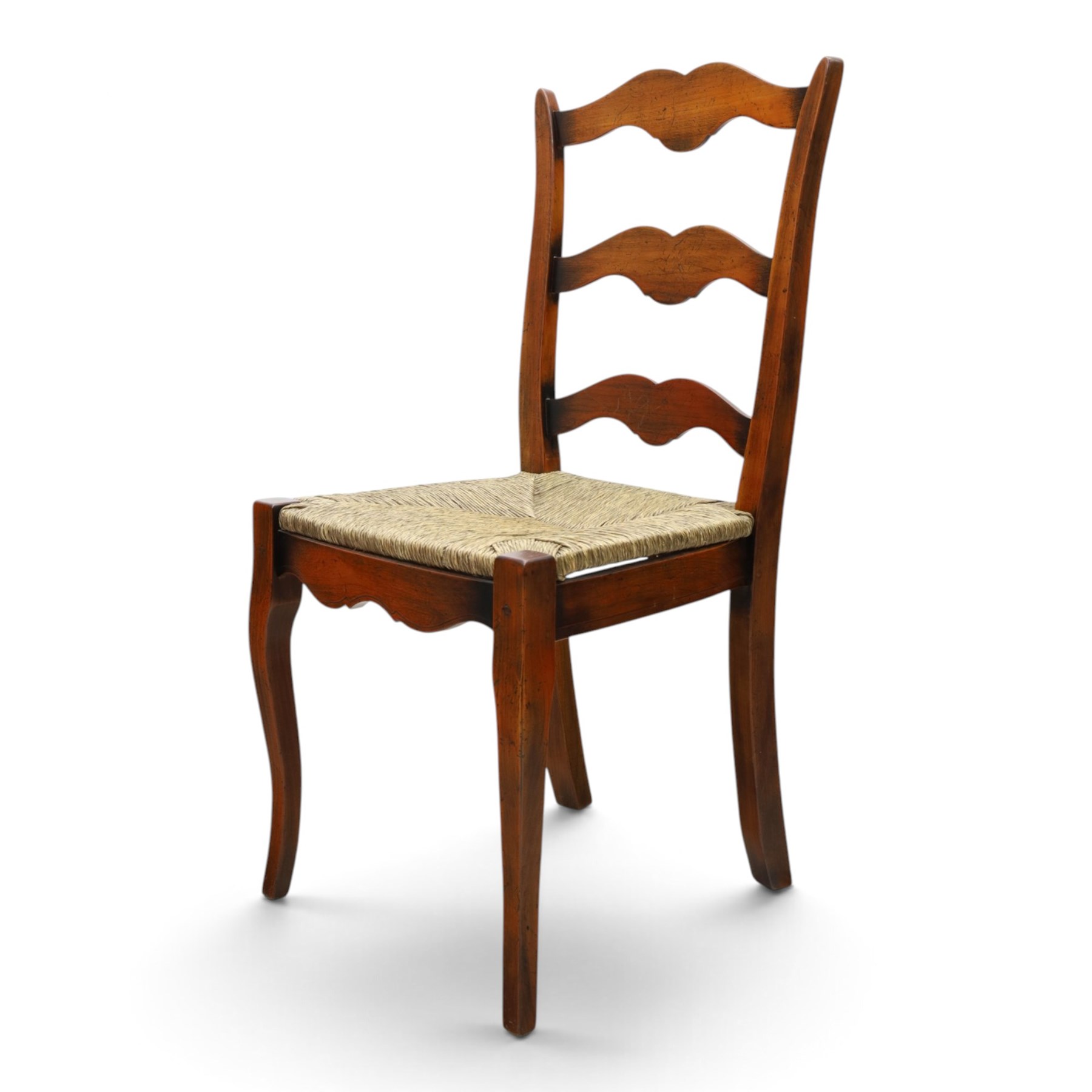 French cherry wood extending dining table, rectangular top on square chamfered supports with two additional leaves; with Batheaston - set of eight cherry wood waived ladder back dining chairs with rush seats (W46cm H98cm)