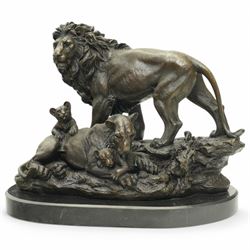 After Barye - Bronzed big cat family group of lion, lioness and two cubs on oval marble base 31cm x 36cm