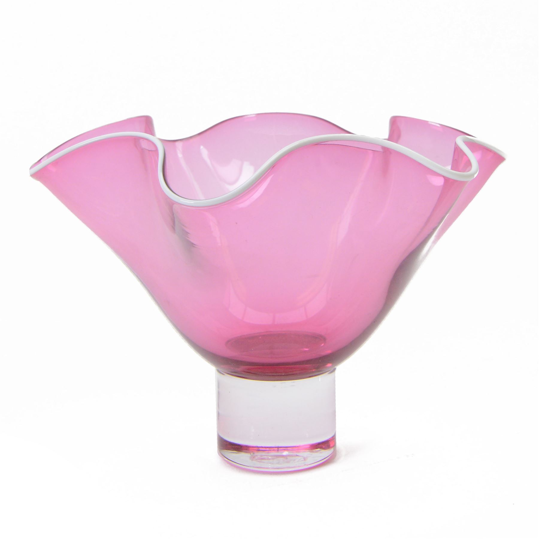 Gillies Jones of Rosedale, pink glass vase with crimped white rim on a pedestal foot, signature to base D15cm H10cm