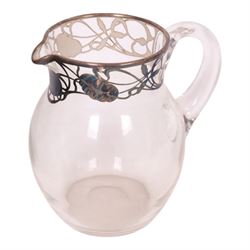 Victorian silver topped and blue overlaid cut glass scent bottle, together with Czechoslovakia blue glass scent bottle and glass jug with silver decoration