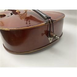 Two student half-size cellos - Boosey & Hawkes Artia with 65cm one-piece back and spruce top; bears maker's label; L104cm overall; and Romanian with 65.5cm two-piece maple back and ribs and spruce top; bears label; L108.5cm overall; each in soft carrying case with two bows (2)