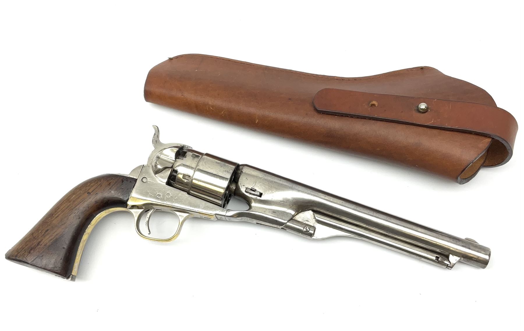 Colt model 1860 .44 calibre six-shot percussion army revolver with stepped cylinder, the 20.5cm barrel inscribed 'Address Col Saml Colt New York US America' with under barrel rammer, all parts with matching serial no.77902, traces of plating to brass trigger guard, two-piece walnut grips L37cm; with modern brass bullet maker and leather holster