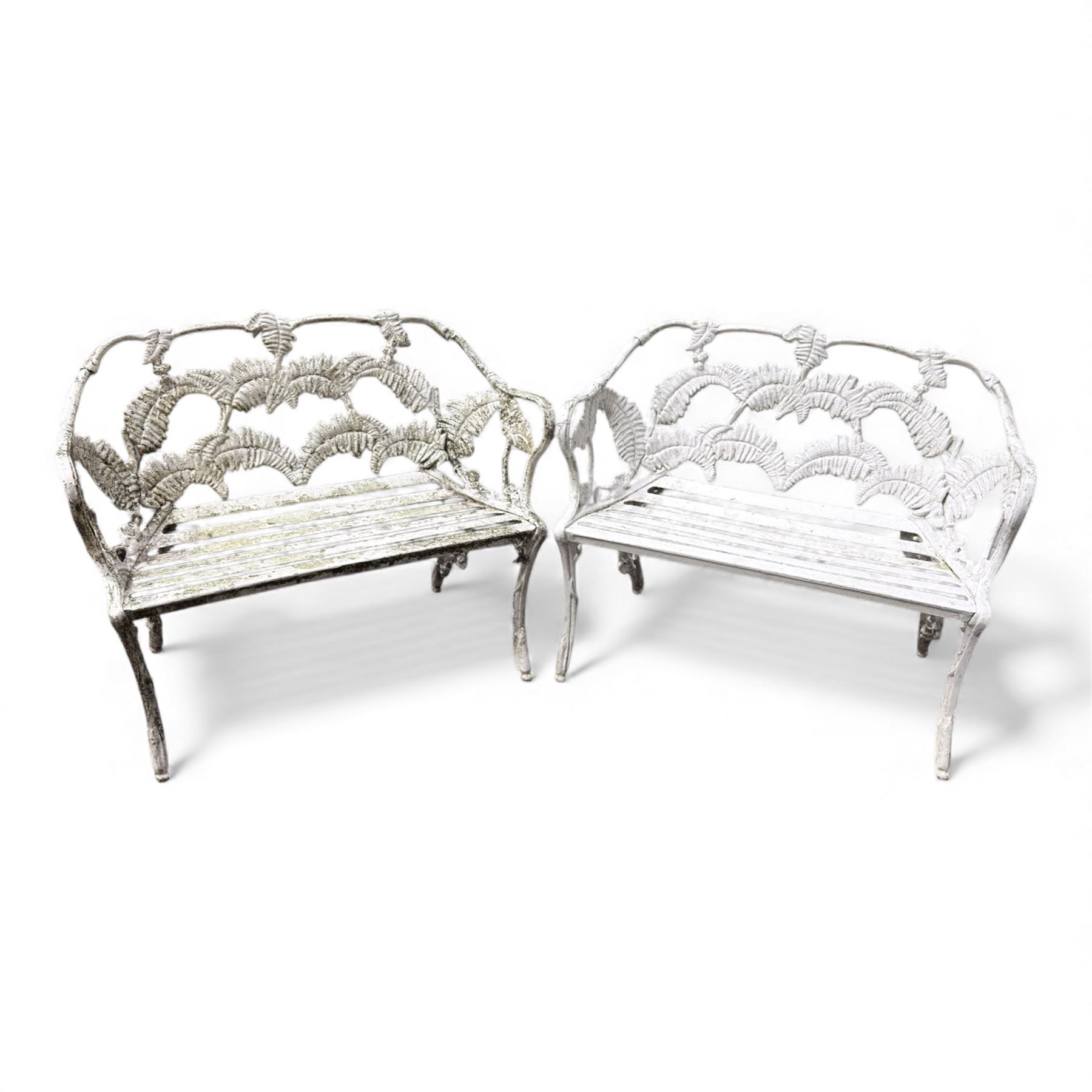 Pair of cast aluminium white painted Coalbrookdale design 'fern and blackberry' garden benches