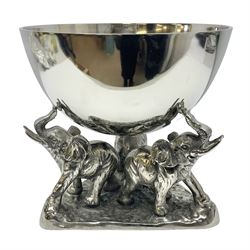 Stainless steel ice bucket, with three elephants with raised trunks holding up the circular bowl, H30cm, D31cm