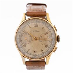 Delbana gentleman's 18ct gold manual wind chronograph wristwatch, circa 1950, dial with sq...