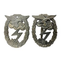 Two WW2 German Luftwaffe Ground Assault/Combat badges - one with flat pin and maker's mark M.u.K.; the other unmarked with round pin (2)