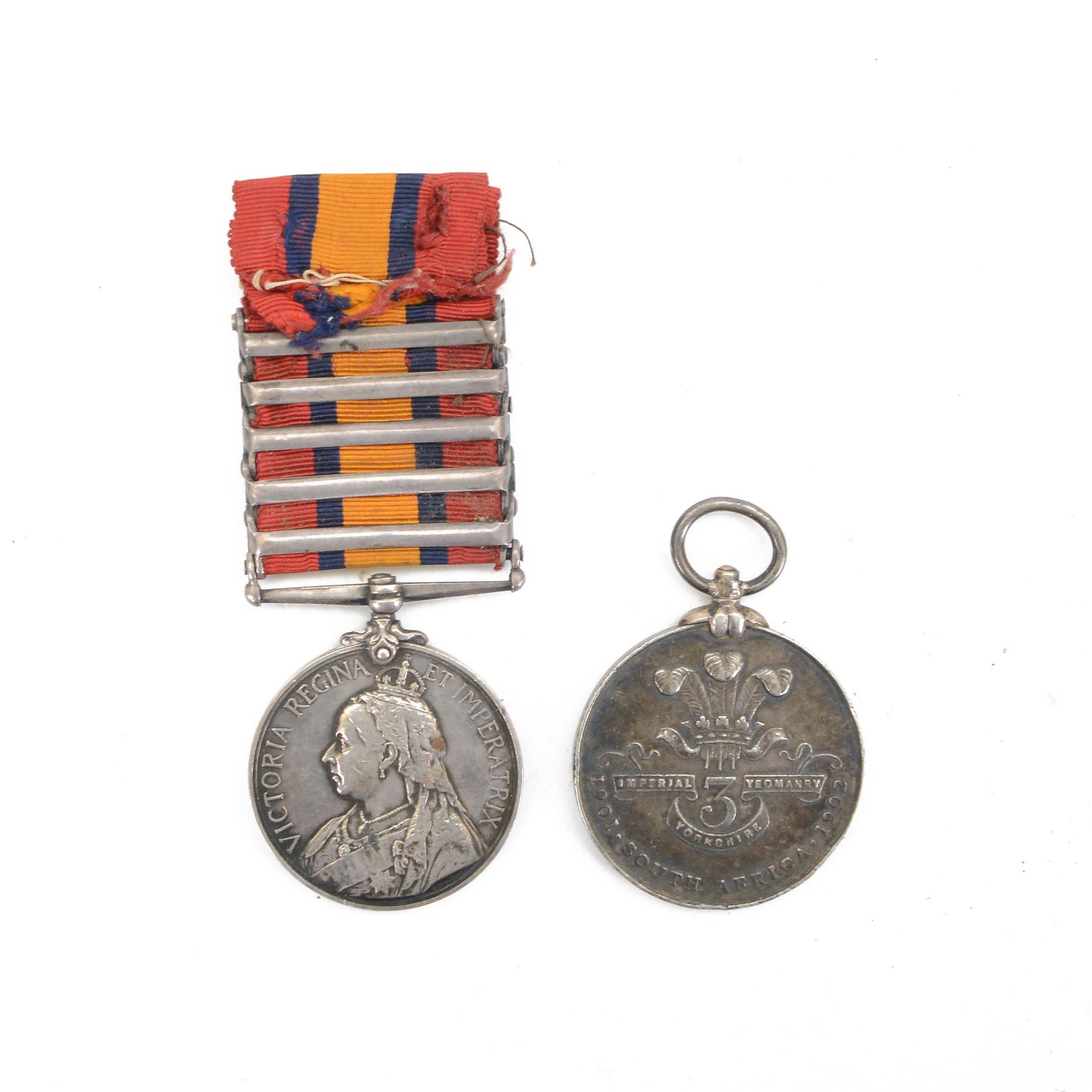 Boer War medal pair; Queen's South Africa Medal with five clasps; South Africa 1901, South Africa 1902, Transvaal, Orange Free State, Cape Colony and Tribute from Yorkshire 1901 South Africa 1902 Imperial Yeomanry Yorkshire medal, both medals awarded to 29025 TPR H. Ibbetson 42nd Coy IMP; YEO