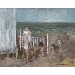 Peter Brannan (British 1926-1994): ‘A Day at the Seaside’, oil on board signed and dated ‘87, titled verso 29cm x 34cm