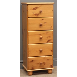  Pine five drawer chest on turned feet, W38cm, H93cm, D33cm  