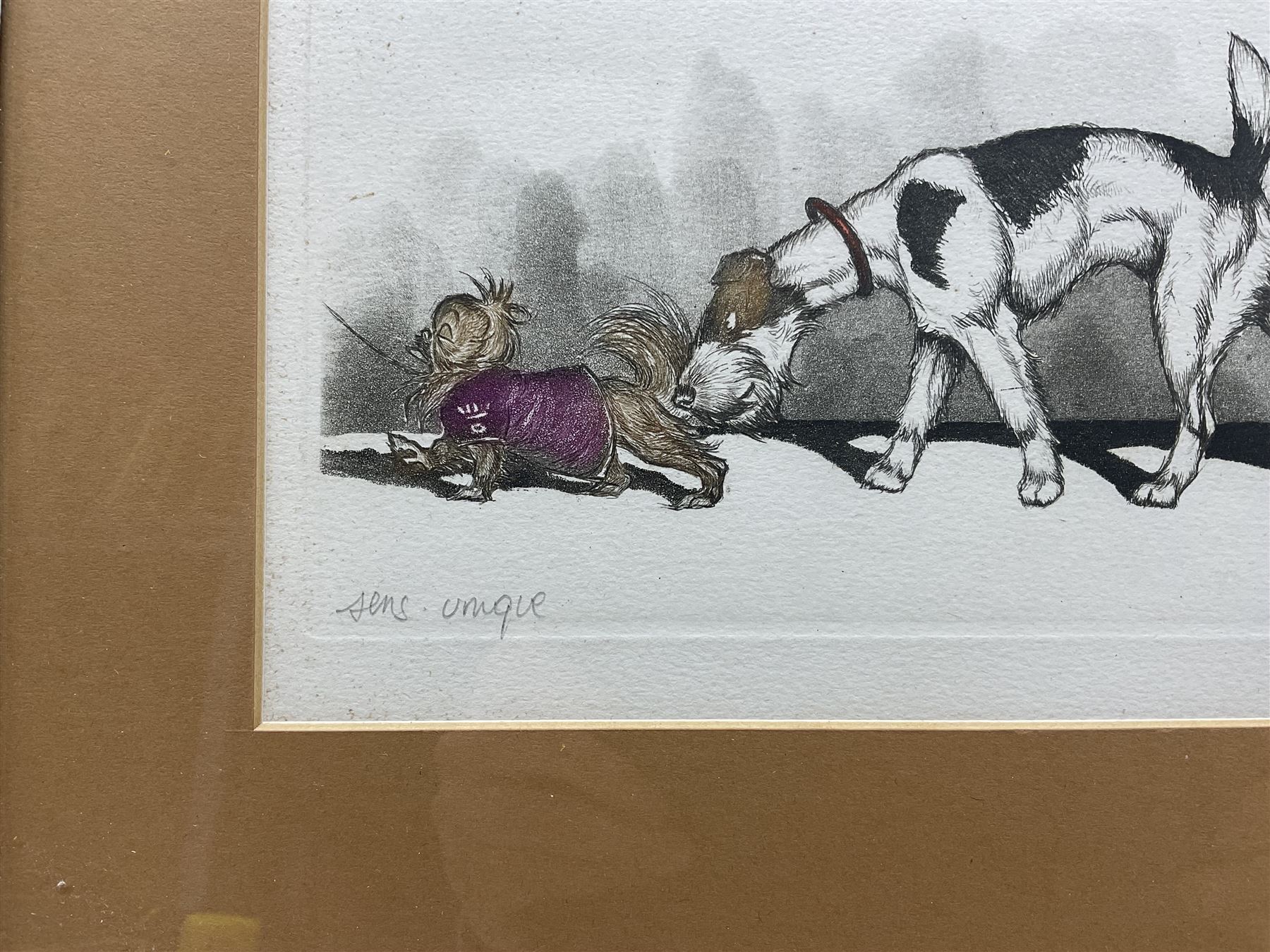Arthur 'Boris' Klein (French 1893-1985): The Dirty Dogs of Paris, set of four etchings with hand colouring, titled respectively and signed in pencil 16cm x 45cm (4)