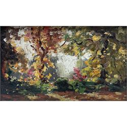 Attrib. James W Ferguson (Scottish 1916-1963): Wooded Garden, oil on panel unsigned, pencil sketch verso 12cm x 20cm
Provenance: originally from a large collection of Scottish Impressionists' works