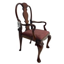 Queen Anne style child's mahogany armchair, vase shaped splat back, drop in upholstered seat, on cabriole supports, H64cm x W38cm