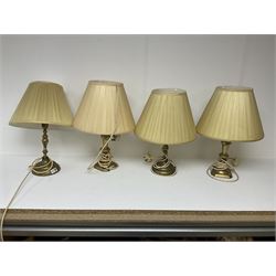 Four brass table lamps with pleated lampshades, tallest H50cm