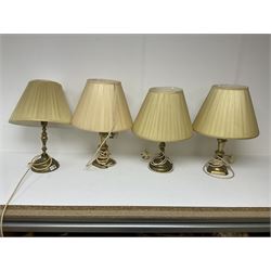 Four brass table lamps with pleated lampshades, tallest H50cm
