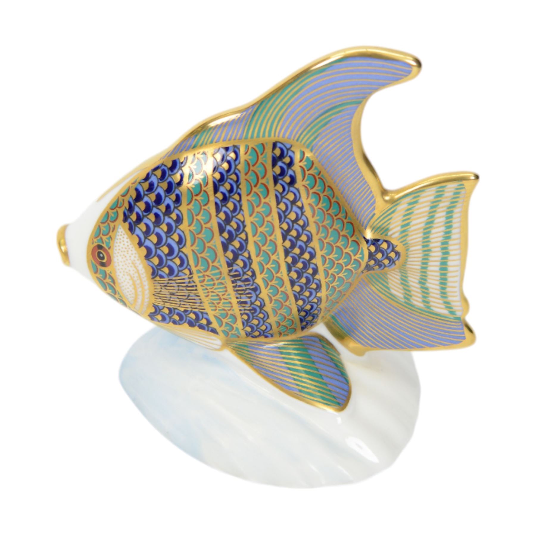 Three Royal Crown Derby Tropical Fish paperweights, comprising Angel Fish, Sweetlips and Gourami, all with gold stoppers and boxes