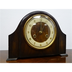  Art Deco walnut and chrome cased mantle clock with silvered Arabic chapter, Haller triple train movement chiming the quarter hours on rods, H23.5cm, an Art Deco oak cased half hour strike mantel clock, H22cm and an Elco walnut cased half hour strike mantel clock, H22cm (3)  