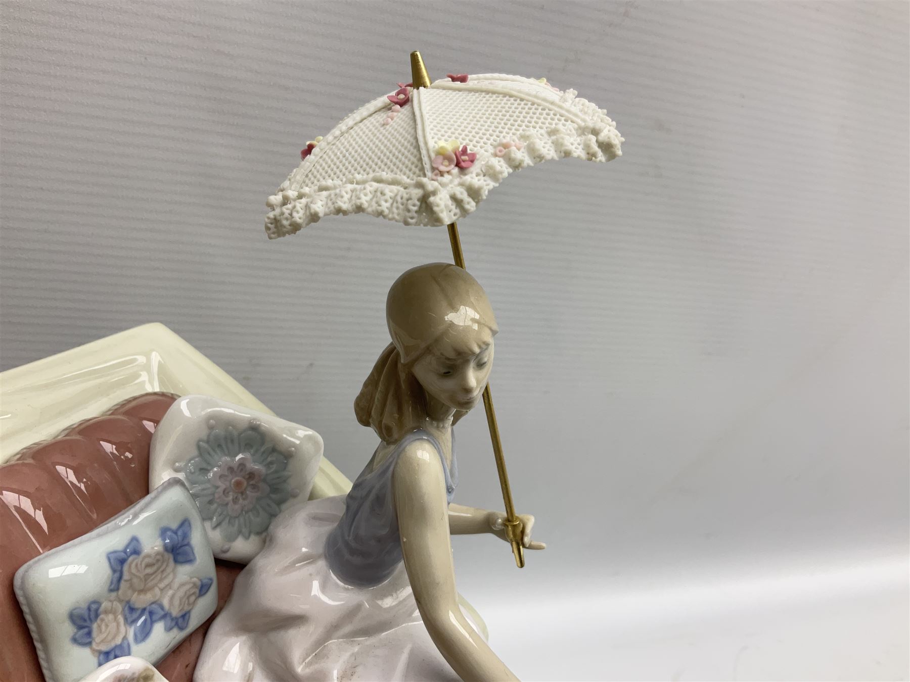 Large Lladro figure, The Landau Carriage, modelled as a horse drawn open top carriage, on a mahogany base, no 1521, sculpted by Juan Huerta, year issued 1987, year retired 1998, H30cm 