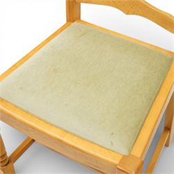 Wharfedale Traditional Furniture - oak dining table and eight ladder back chairs, circular top with stowable leaf forming a large an oval top extending to 167cm, on four splayed legs, together with eight ladder back chairs with green velour drop in seats