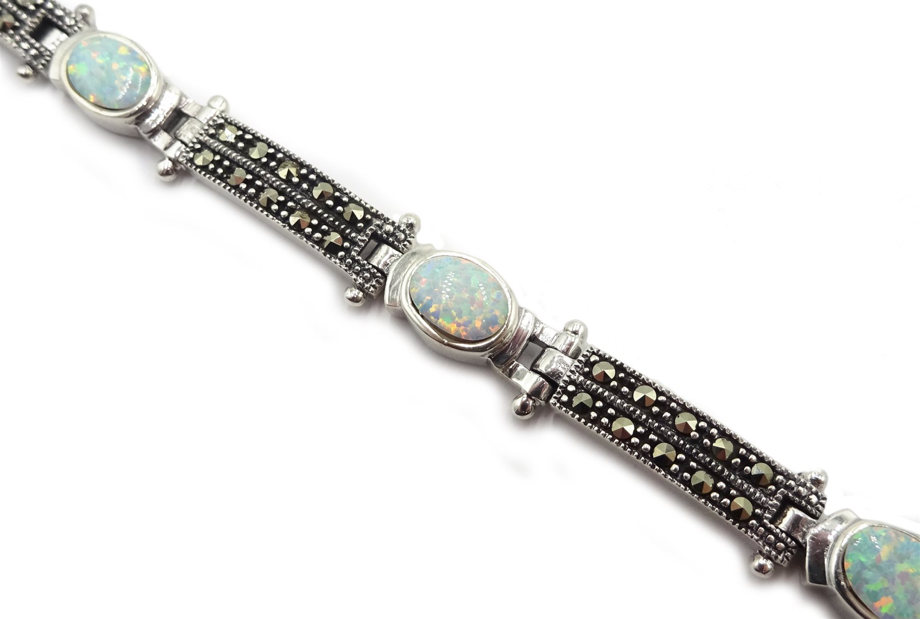 Silver opal and marcasite link bracelet, stamped 925