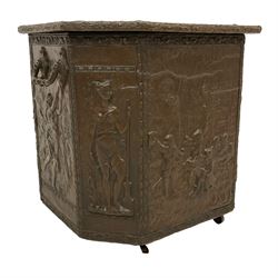 Large 19th century wooden and brass repousse coal box, rectangular form with canted front, enclosed by hinged lid decorated with figural countryside scene, the front panel depicting tavern scene at the 'Scours Contre la Soif' and initialled 'Ete', the remaining panels decorated with mythical scenes, with metal lining and hinged carrying handles, on castors
