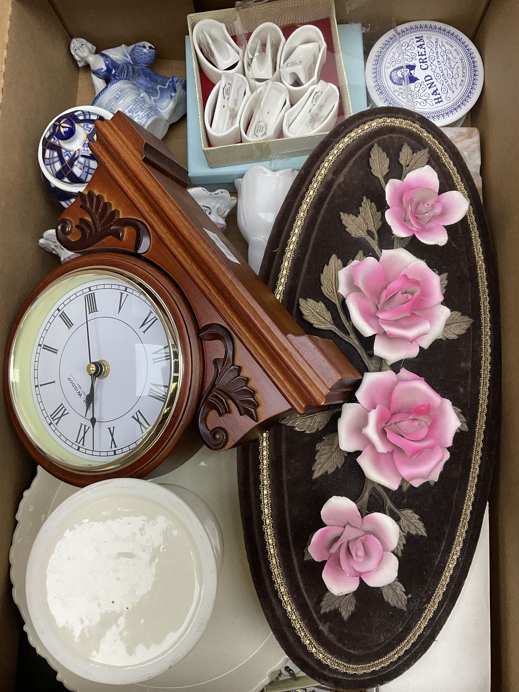 Capodimonte roses wall hanging, Victoria ceramics candle sticks, cake stand, flatware etc two boxes.  