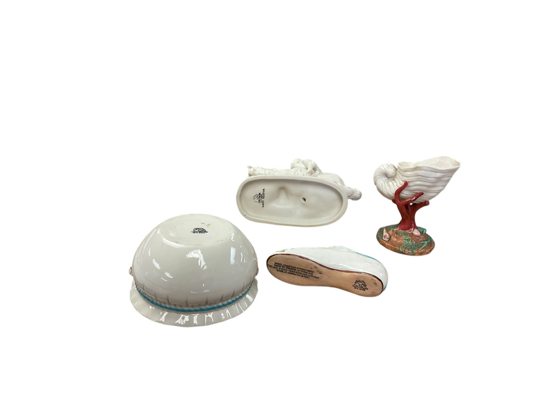 W H Goss Parian figure of Lady Godiva, together with Marmalade dish and cover, shoe and shell vase