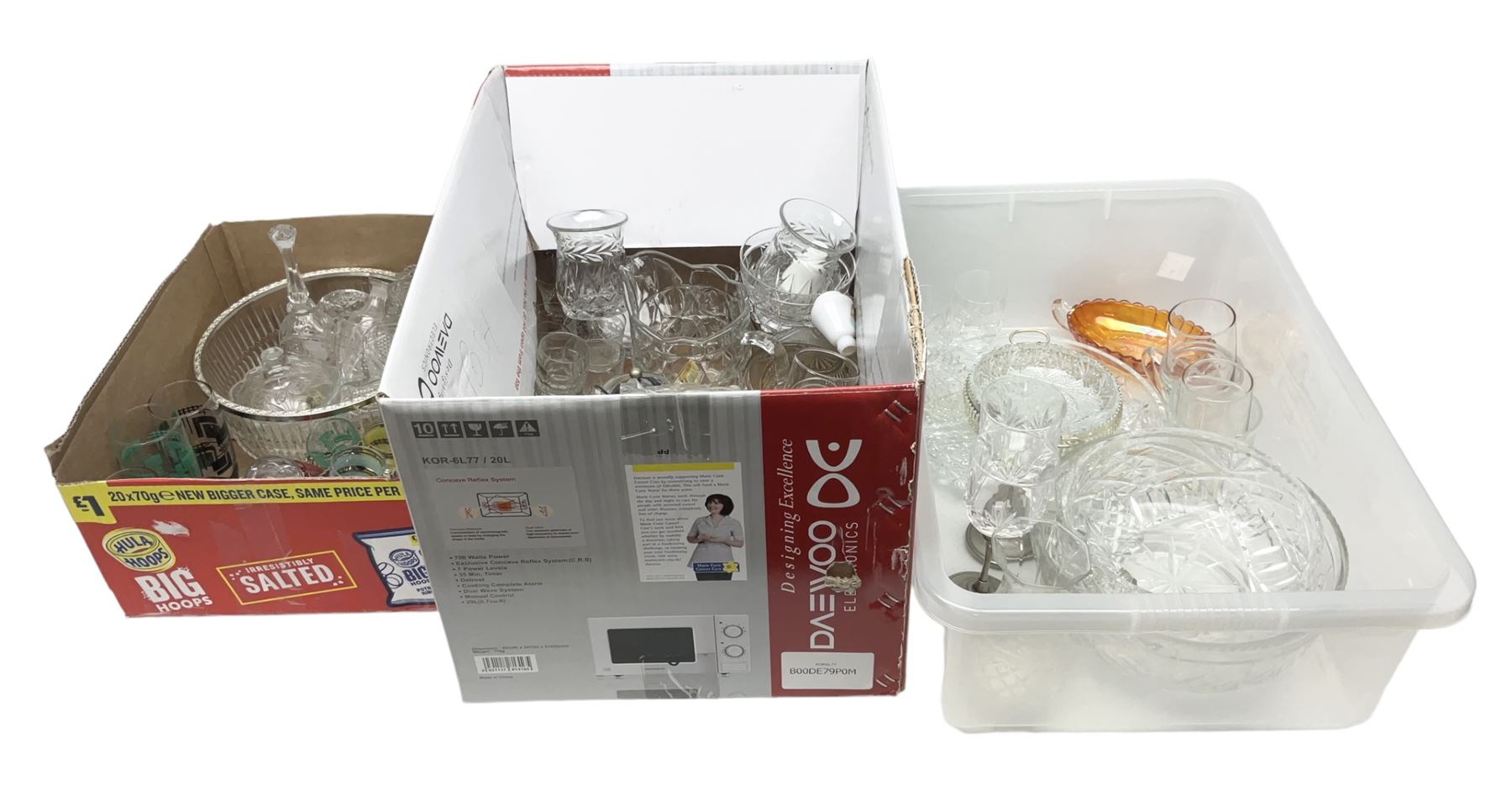 Three boxes of glassware to include mid 20th century drinking glasses with geometric and banded coloured decoration, French bowls, carnival glass, Stuart drinking glasses, etc