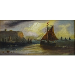  Fishing Boats off Scarborough, early 20th century oil on canvas signed and dated 1911 by A Malton 19cm x 39.5cm  
