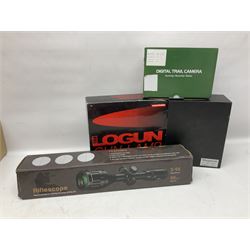 Four shooting accessories - Riflescope 3-9 x 50 scope; Digital Trail Camera; Megaorei M3 night sight add on; and Logan Gun Lamp; all boxed (4)