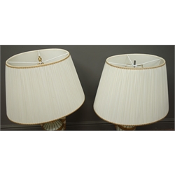  Pair Italian porcelain table lamps by Giulia Mangani, of Neo-classical urn form, winged female mask handles, painted with bands of trailing leafage, with applied oval plaque relief moulded with a female bust within a gilt beaded border on square gilt marble style base with cast metal plinth and cream pleated shades, H86cm overall  