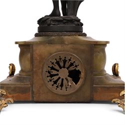French green onyx clock, surmounted by a female figure amongst rushes, the enamel clock face with floral sprigs, H74cm 