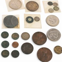Coins and medals, including Queen Victoria 1893 silver crown, five silver threepences, two Queen Victoria half farthings, Queen Victoria 1855 silver fourpence, cartwheel penny, British War Medal awarded to Robert Stephenson, commemorative crowns, etc
